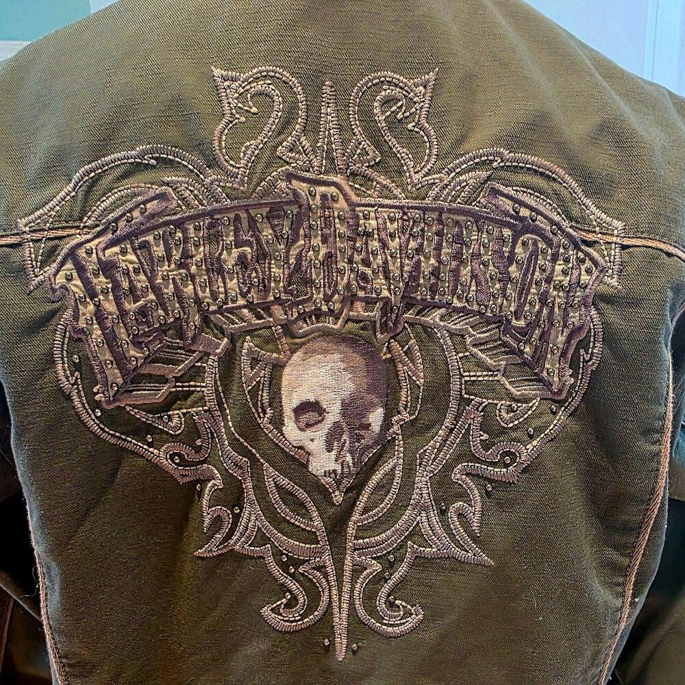 Harley Davidson army green canvas skull moto riding jacket Large